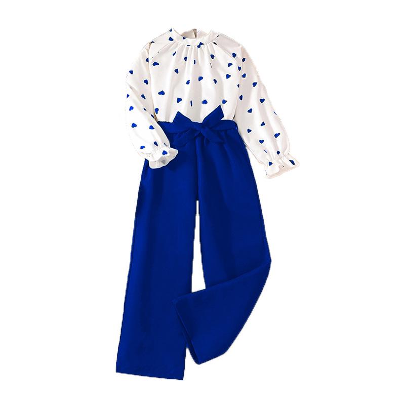 Spring Heart Print Long-Sleeve Set for Girls, European & American Style, Ages 7-12