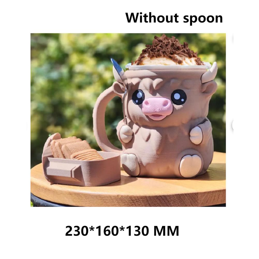 3D Printed Ice Cream Pint Holder Cute Cartoon Animal Water Mug Creative Cow Pattern Ice Cream Containers Kitchen Tools