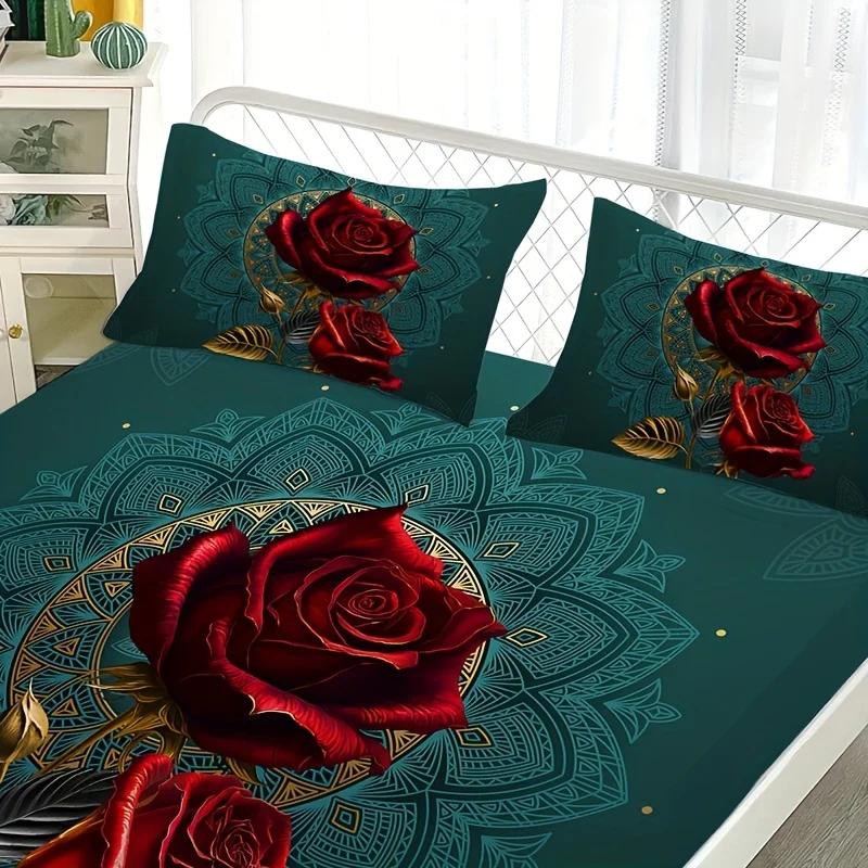 3D Gothic Rose Fitted Sheet Set Soft Comfortable Breathable Bedding Mattress Protector Set For Bedroom Guest Room