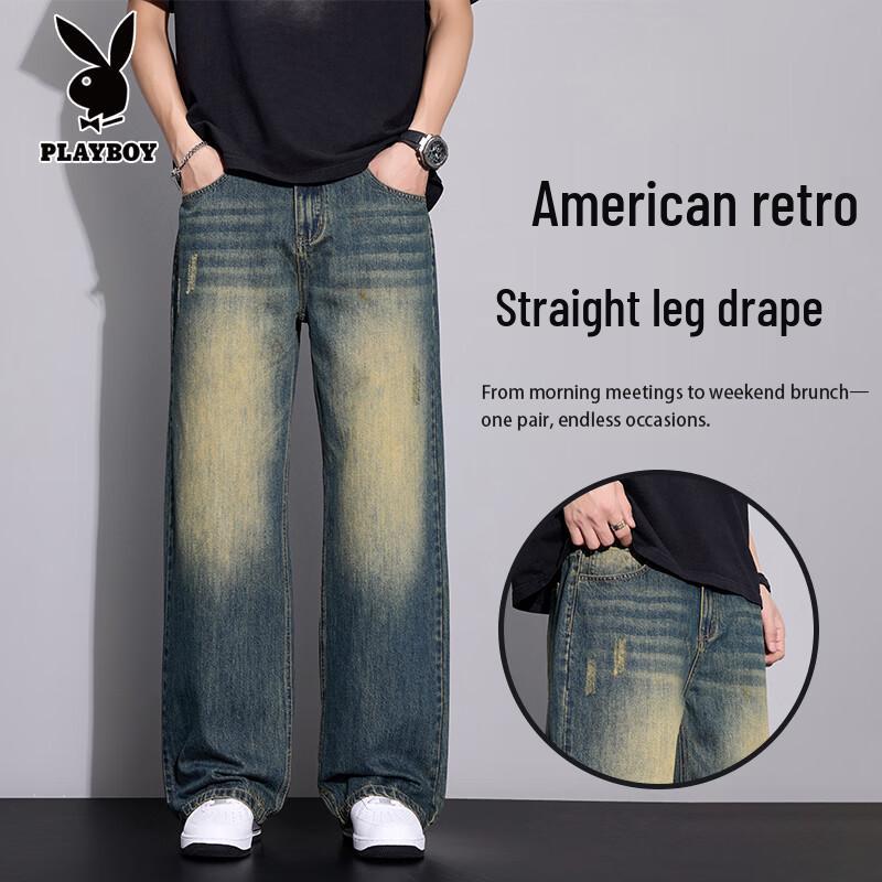 PLAYBOY Men s Retro Distressed Ripped Straight Jeans 29