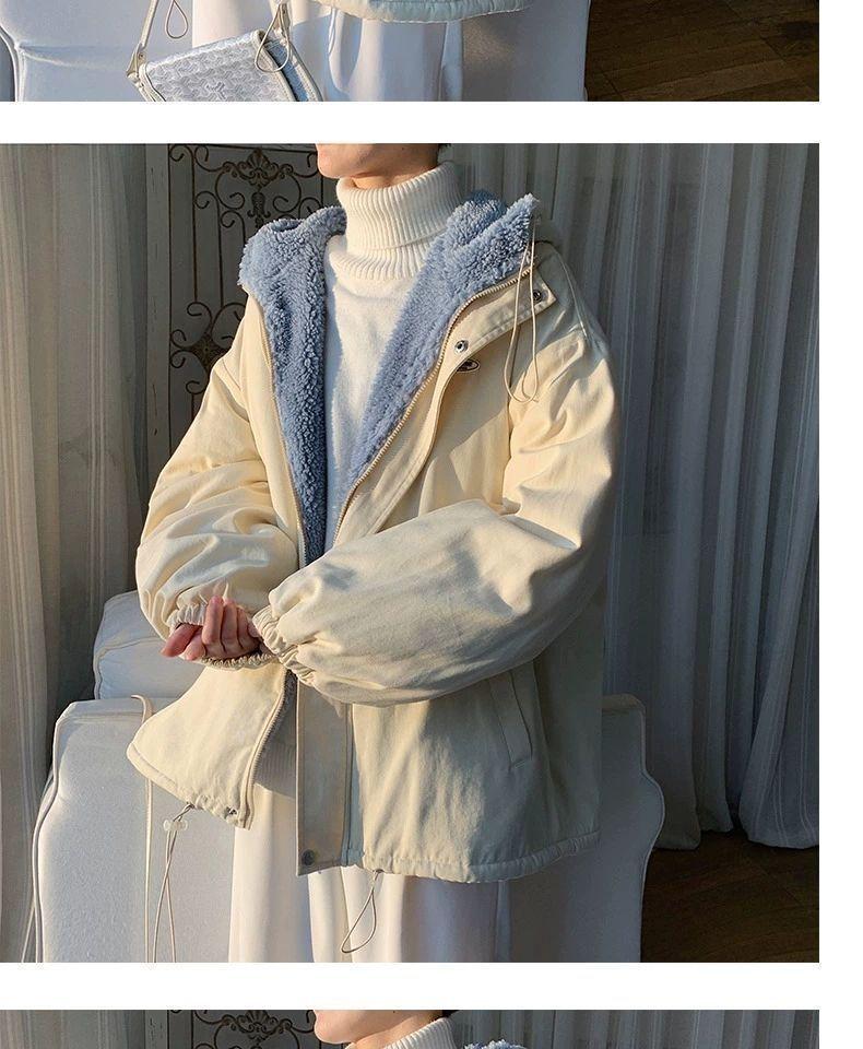 Women's Lambswool Coat: Korean-Style Loose Workwear, Hong Kong-Style, Fleece-Lined, Thickened, Cotton-Padded Jacket for Autumn and Winter.