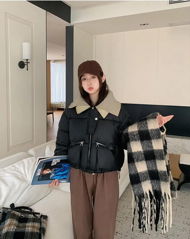 Knitted Lapel Short Down Jacket Women's Winter Thickened PU Leather Stitching Jacket