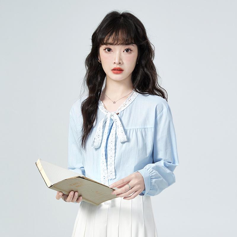 2026 Spring Lace Tie Loose Collar Long Sleeve Women s Shirt Large синий