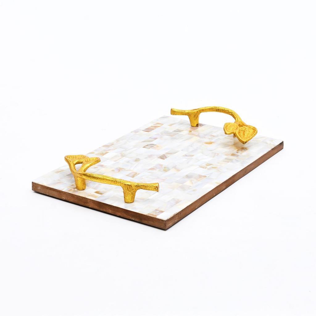 Mother Of Pearl Resin Tray With Gold Leaf Handles – Luxury Décor