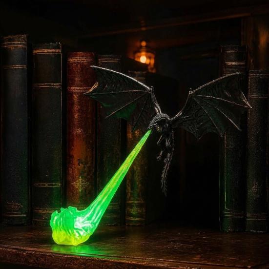 Mysterious Fantasy Collection Items 3D Printed Fire-Breathing Dragon Shelf Decor, Flying Nook Bookshelf Light, Black Design Mythical Creature