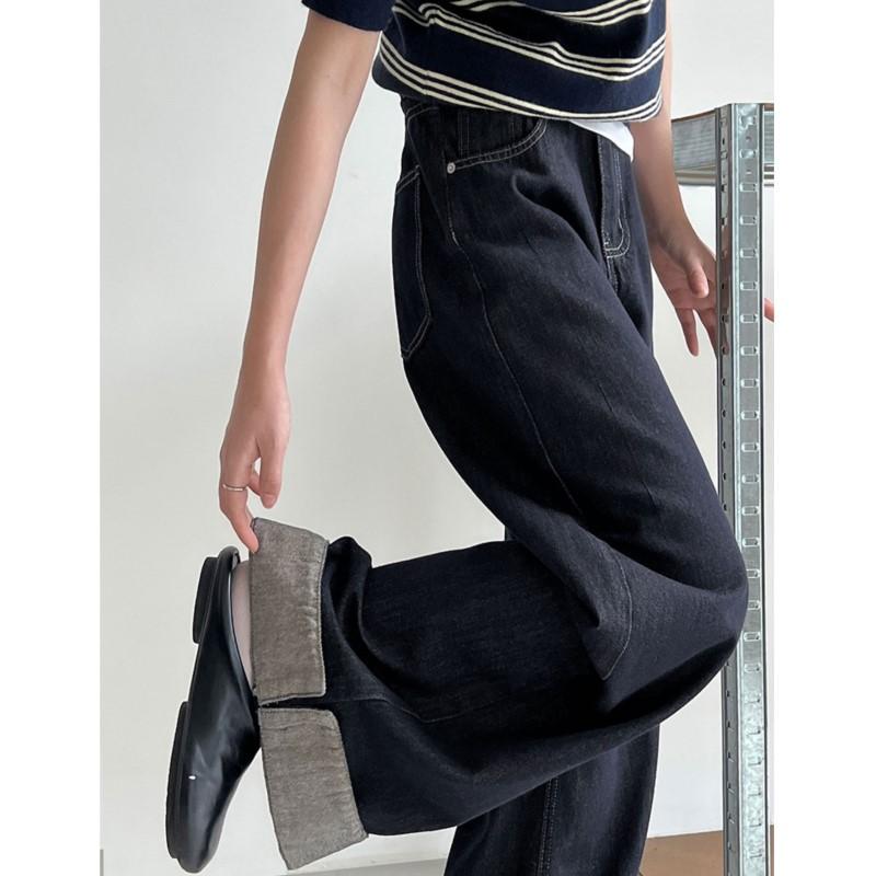 Johnature American Vintage Washed High-waisted Wide-leg Pants Women Rolled Edge Distressed Casual Long Jeans