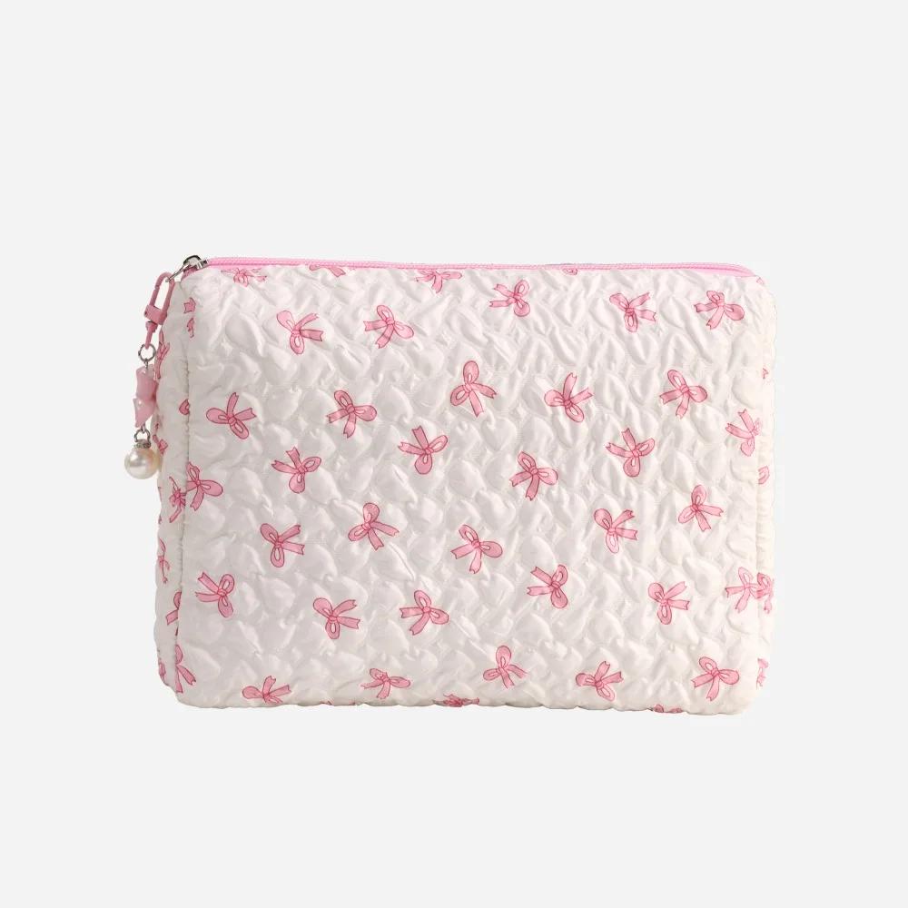 Fashion Bowknit Print Cosmetic Bag Large Capacity Pink Color Storage Pouch Makeup Bag Travel