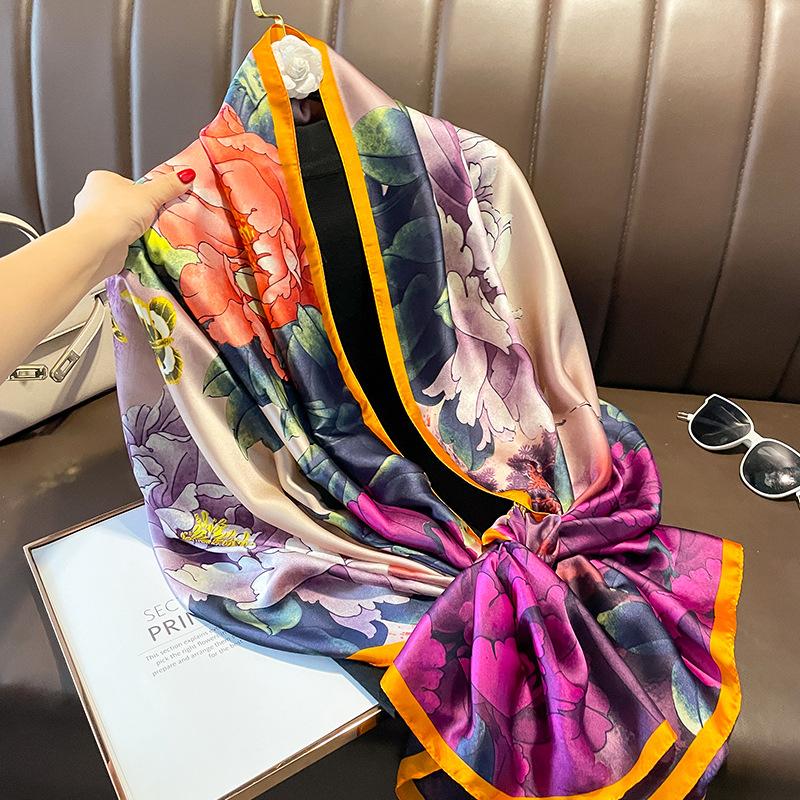 Spain Fashion Brand Women Silk Scarf Luxury Floral Stain Pashmina Shawls and Wraps Foulard Femme Bufandas Beach Hijab 180*90Cm