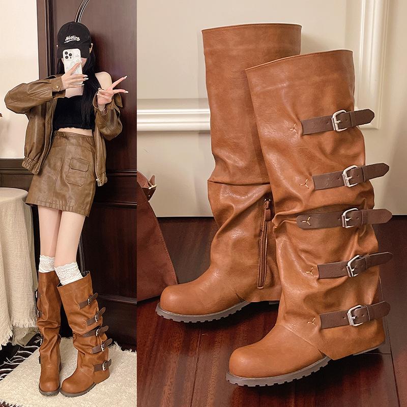 Women's Wide Width Hong Kong Style Boots, Buckle Detail Knee High Leather Boots, Chunky Heel Wholesale Booties for Women