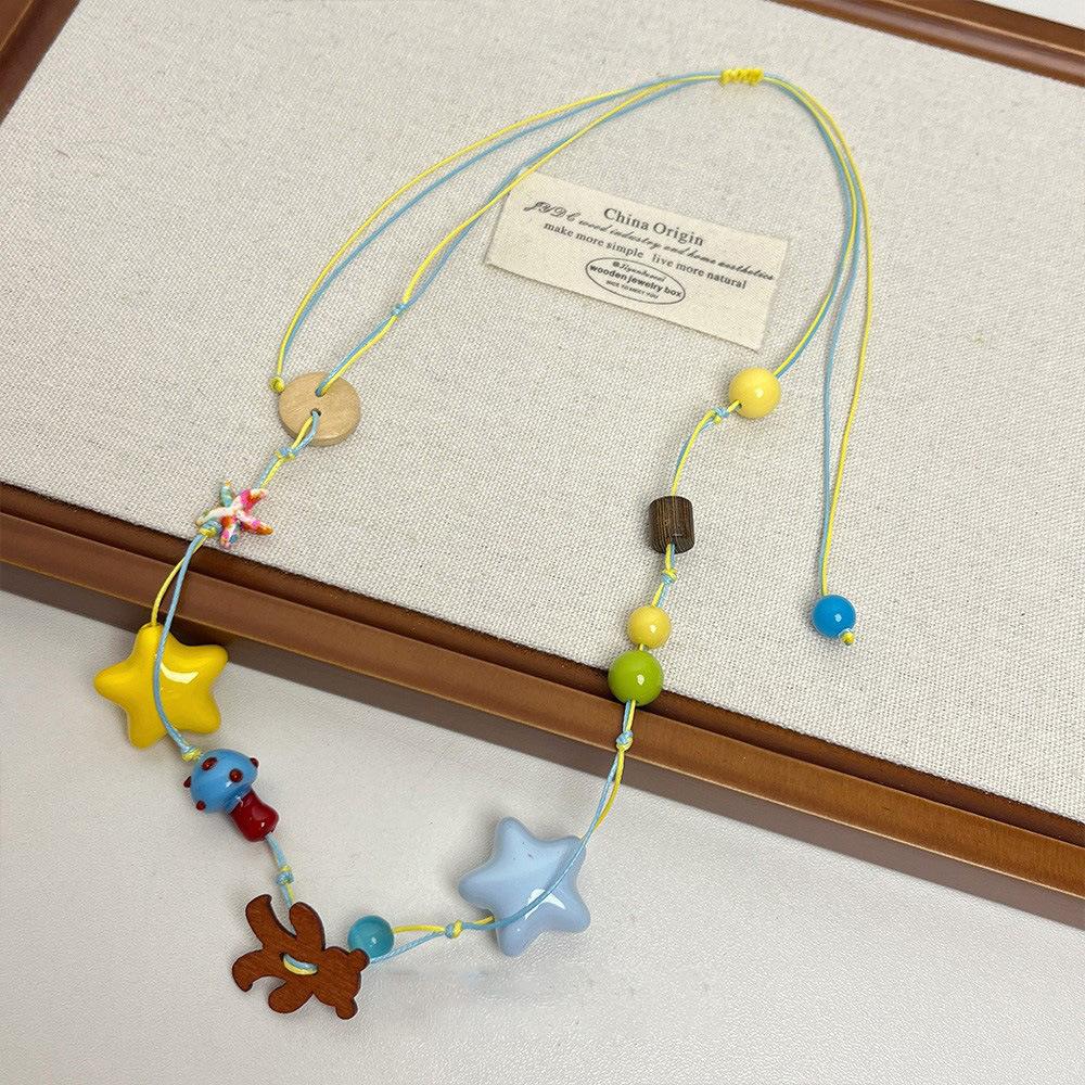 Acrylic star button wood chip bear pendant necklace colored dopamine niche light luxury fashion versatile items