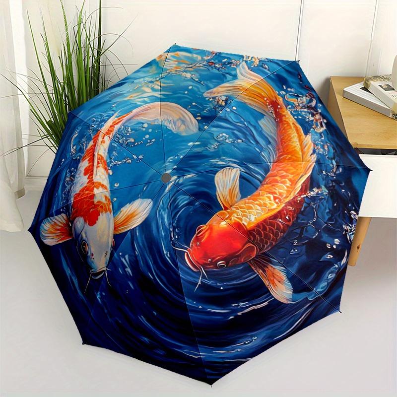 1pz Ombrello Automatico Apri/Chiudi con Design di Pesci Koi che Nuotano - Ombrello da Viaggio Compatto, Parasole Pieghevole Portatile per Donne/