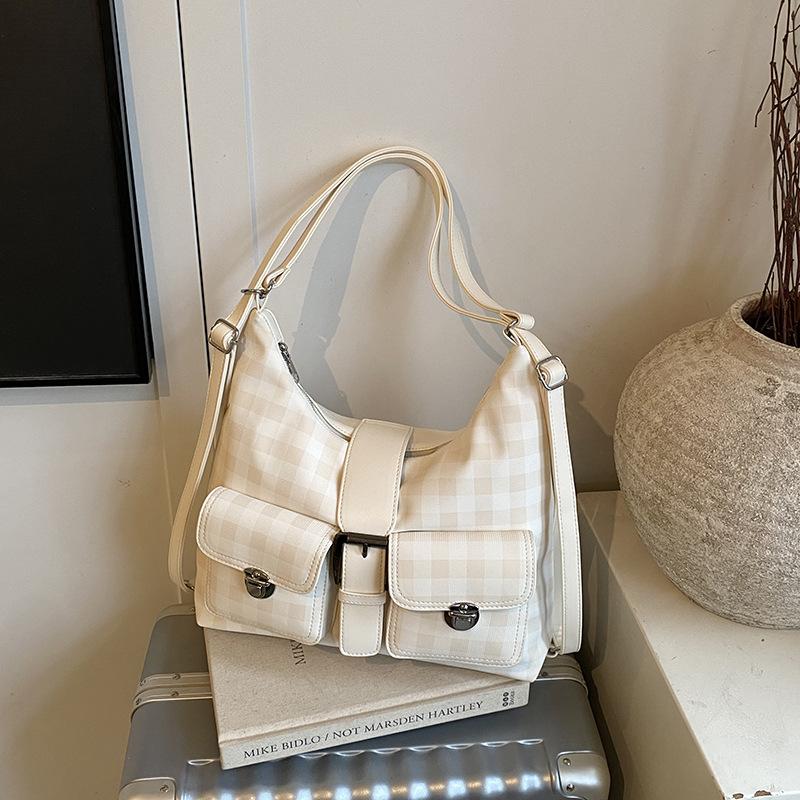 Retro large-capacity shoulder bag women's 2025 new plaid tote bag multi-functional backpack leisure bag