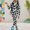 Girls Black White Printed Round Neck Long Sleeve Top And Fitted Pants Two Piece Set
