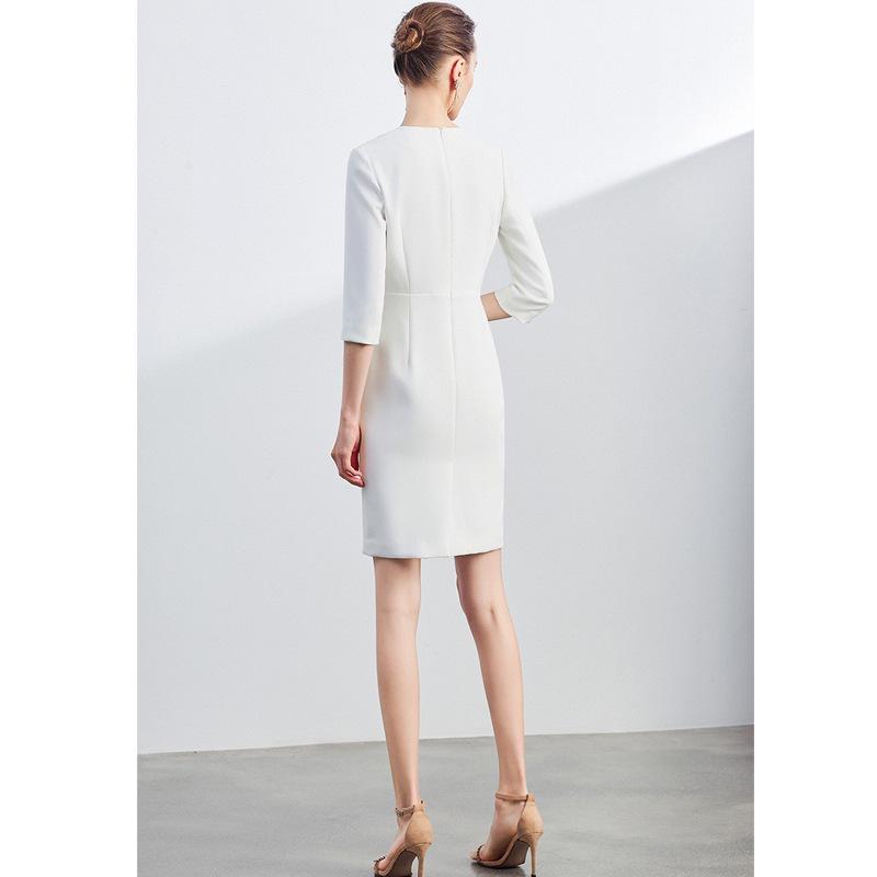 Formal Pleated V-Neck Slim Dress for Beauty Salon Receptionist