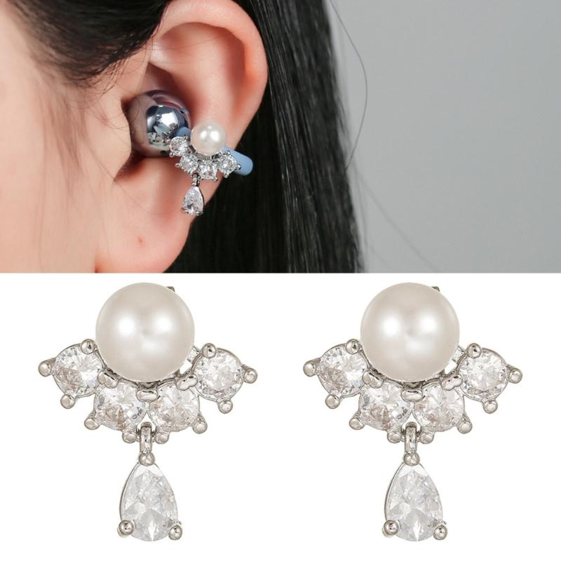 Elegant Pearls Waterdrops Shaped Ear Clip Attachment For FreeClip 1 2 Earbuds Enhancer Coppers Zircons Embellishment