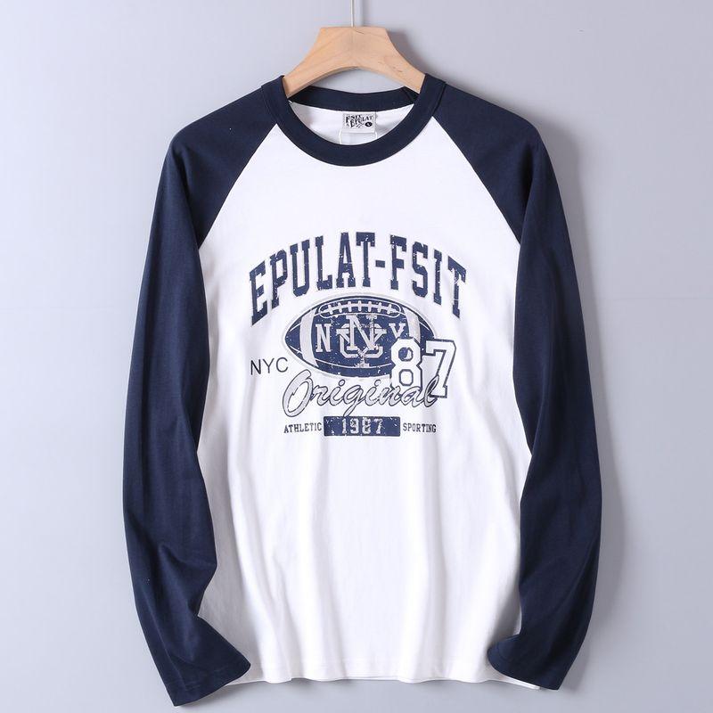 Men's Autumn Sports Casual Washed Cotton Long-Sleeve T-Shirt with Color-Blocking and Raglan Sleeves, Export Surplus