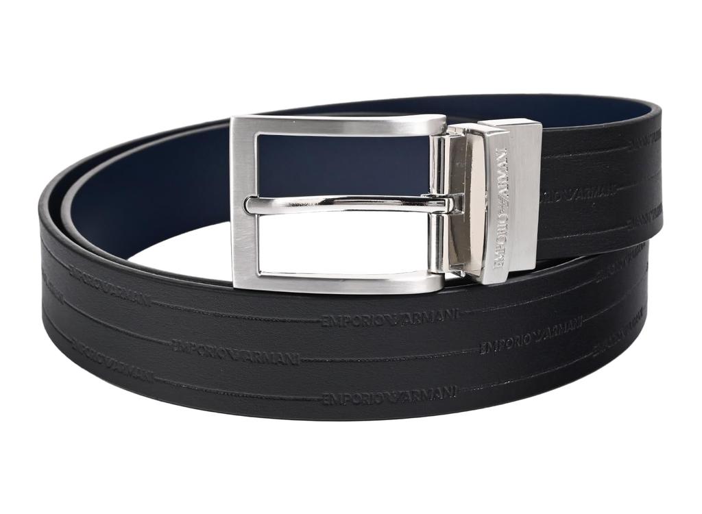 Emporio Armani Wide Belt with Embossed Black and Stringa System EM001772 AF15136 MC080 Men's 3.5cm Logo, Blue, Compatible, Reversible, [Used]