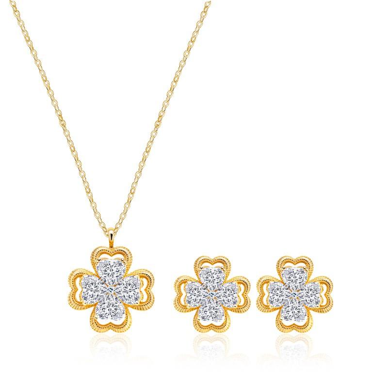Copper Earring Necklace Set With Full Zirconia Clover Charm Hypoallergenic Plated Jewelry Women