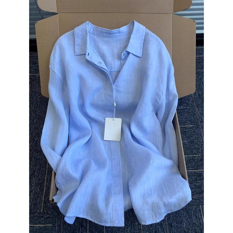 Women Linen Shirt Casual Loose Long Sleeve Thin Summer Turn Down Collar French Style Sunscreen Clothing
