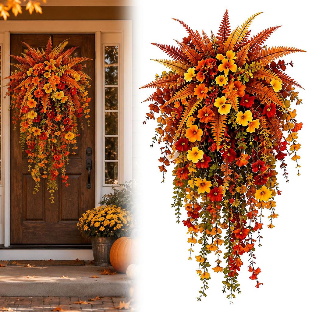Fall Entryway Hanging Basket Faux Floral Swag Autumn Harvest Door Orange Gold Porch Decor