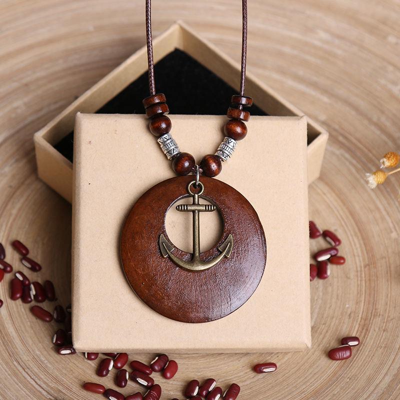 Vintage Wooden Owl Leaf Pendant Necklace Boho Ethnic Style Metal Hollow Leaves Necklaces Long Wax Rope Chain for Women Gifts