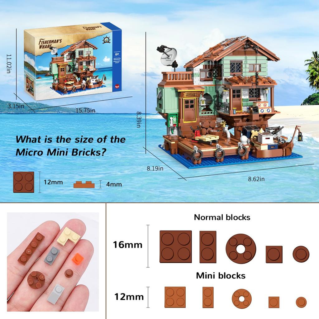 Non-Toxic 2100Pcs Fisherman'S Wharf Building Block Tree House Model Seaside Street View Boat Transportation Toys Children Holiday Gifts