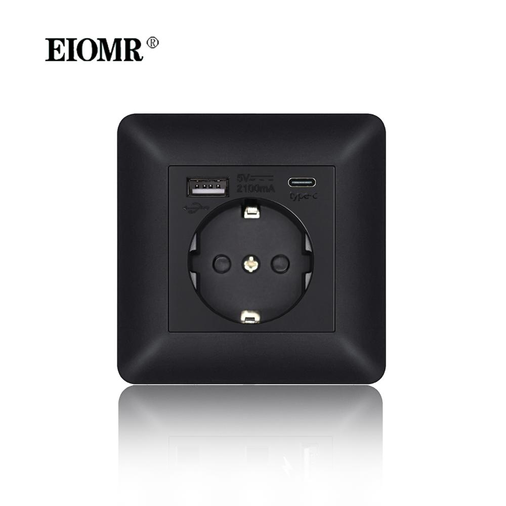 EIOMR EU Outlet with Usb Type-c Charging Port Black Curved Flame Retardant PC Panel 86mm Single Socket and 146mm Double Socket