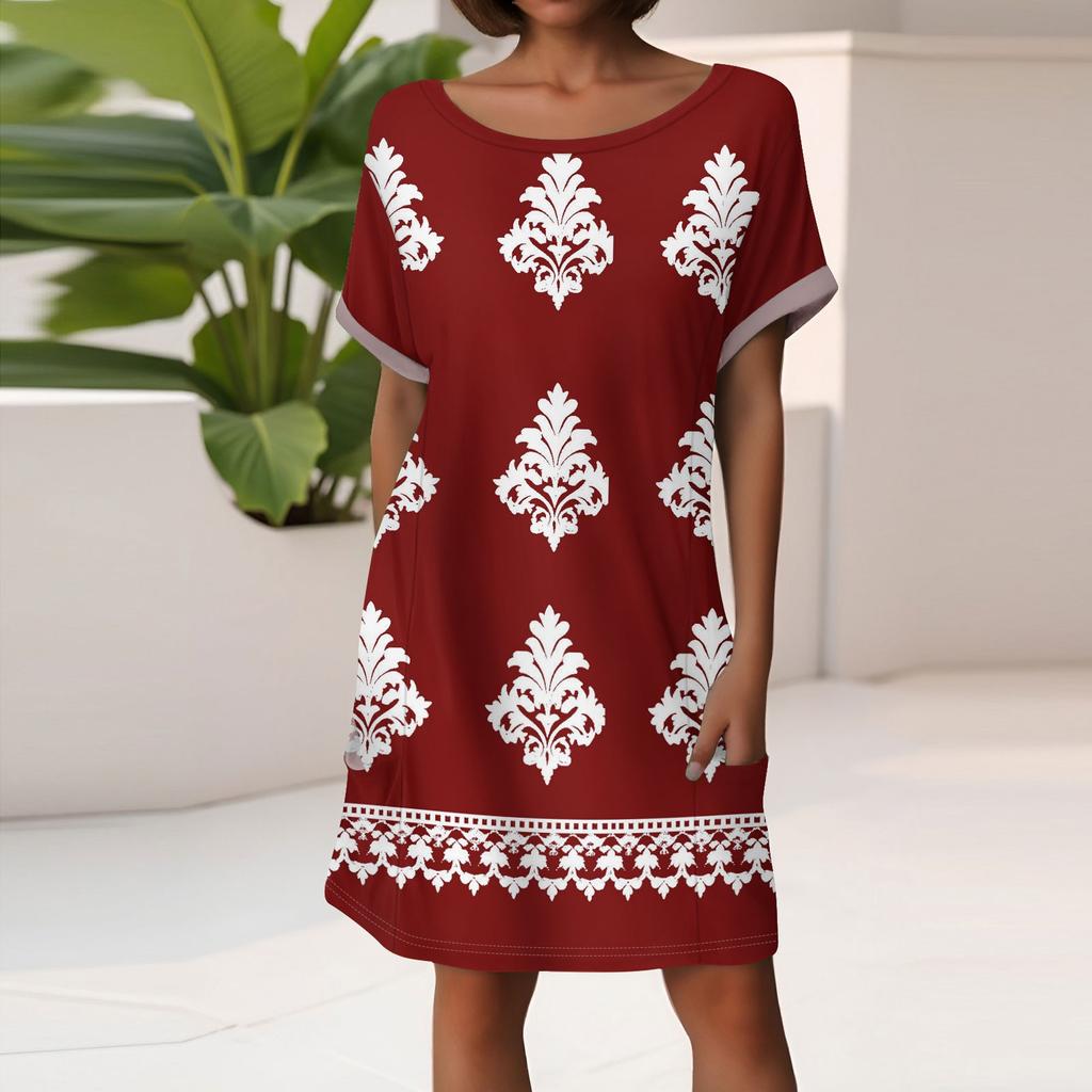 Women's Fashion Short Sleeve Dress With Pockets Floral Print Casual Beach Dress