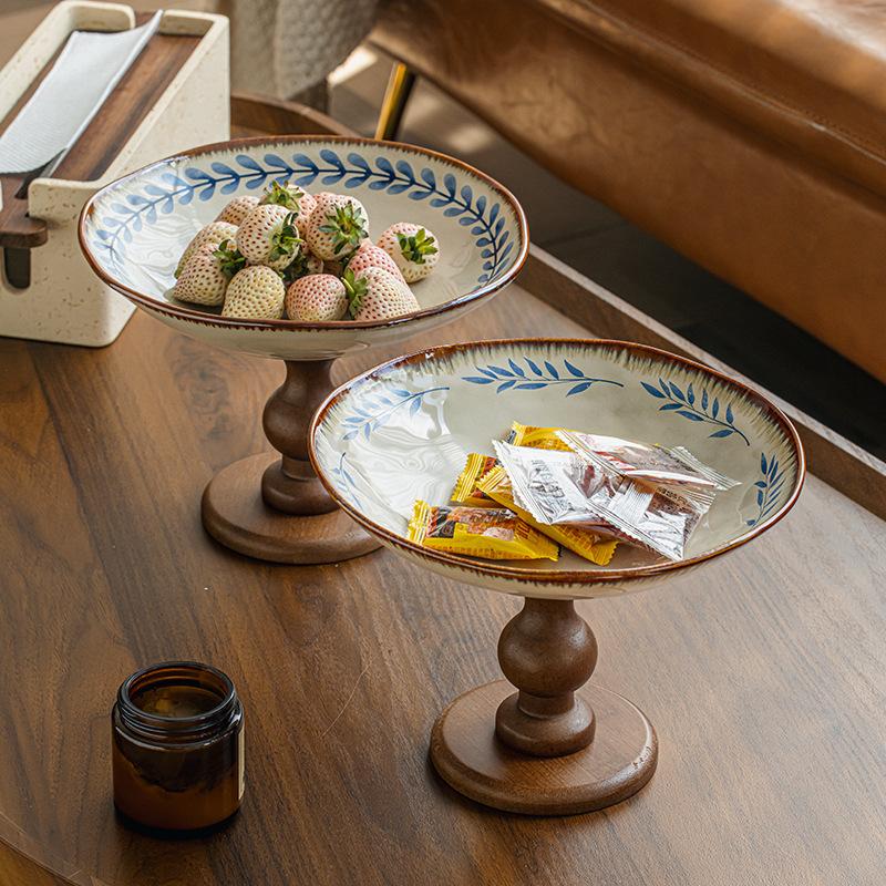 Wooden High-Footed Plate Fruit Plate Snack Plate Living Room Ceramic Fruit Plate Tray High-Value Entrance Ornament Export