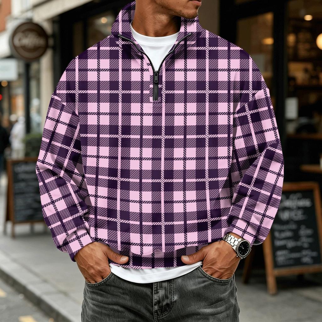 Heren Geruite Quarter-Zip Long Sleeve Flanellen Sweatshirt Casual