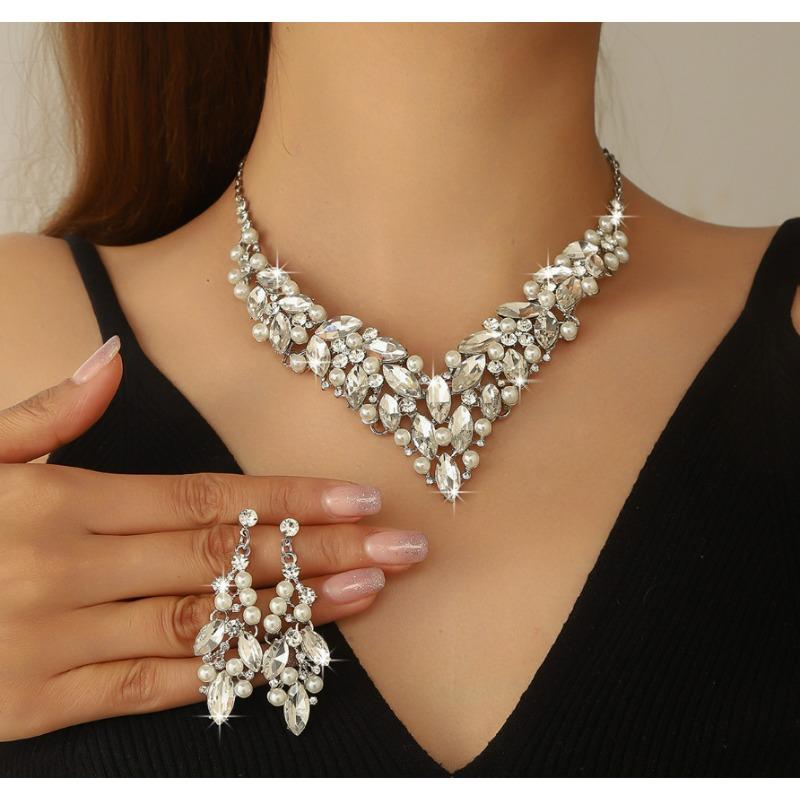 Bow Rhinestone Fringed Necklace Earrings Women's Two-piece Set, Wedding Temperament Noble and Elegant Collarbone