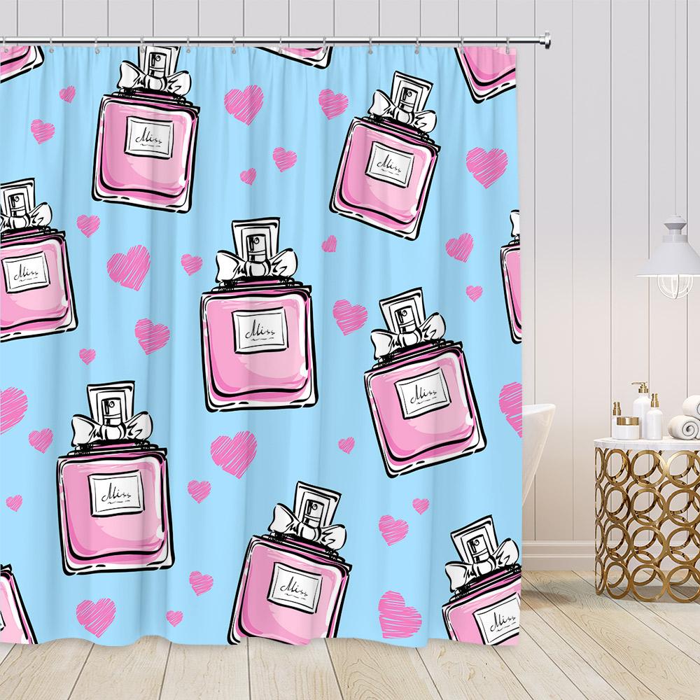 Pink Perfume Shower Curtains Cosmetics High Heels Flowers Black White Stripes Bathroom Decor Girl Fashion Vintage Bath Curtain