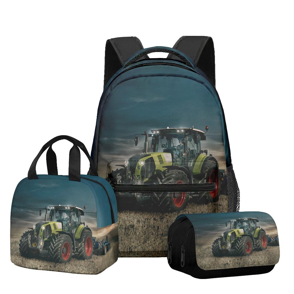 Classic Novelty Cool Tractor pattern 3D Printed 3pcs/Set Student School Bags Laptop Daypack Backpack Lunch bag Pencil Case