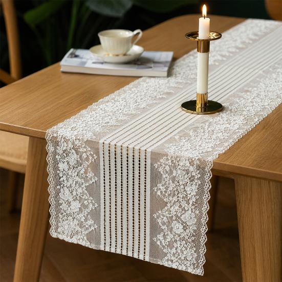 White Lace Table Runner, French Pastoral Style Table Runner, Lace Table Decor with Floral Embroidery for Wedding Party Dining Table Decor