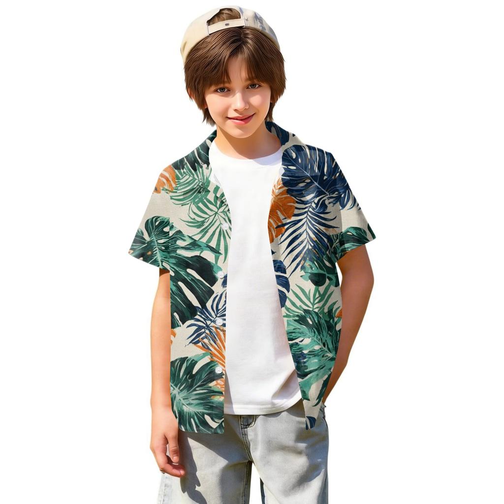 Boys' Short-sleeved Hawaiian Print Shirt, Children's Summer Button-down Shirt