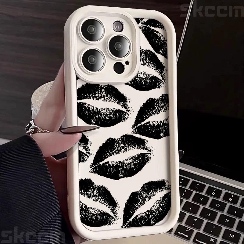 Custodia per Telefono in Morbido Silicone con Stampa Bacio Labbra Nere e Rosse per iPhone 16 Pro Max 15 14 Plus 11 12 13 7 8 Plus X XS XR 16E Cover