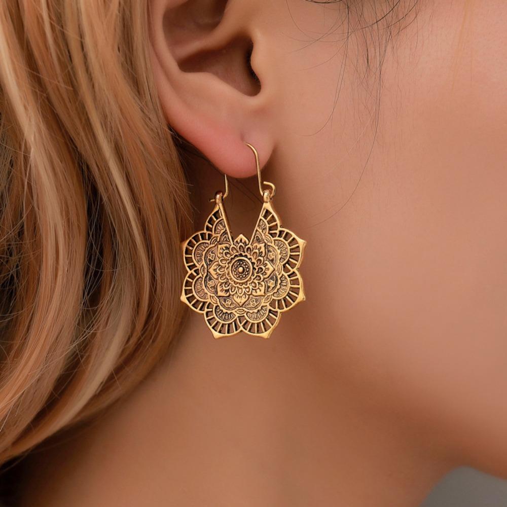 Vintage Boho Style Hollow Floral Hoop Earrings for Women Men Ethnic Unique Design Fashion Gold Color Dangle Earring Jewelry Gift