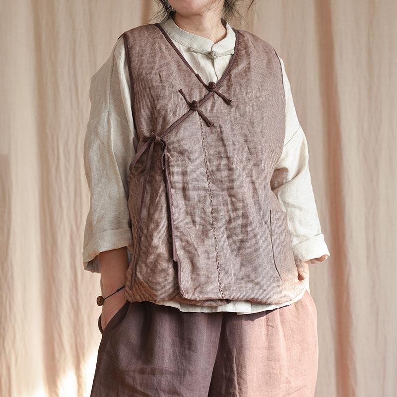 Johnature Women Chinese Style Linen Vests Coat V-Neck Sleeveless Patchwork Pockets Solid Color Fall Women Vintage Vests