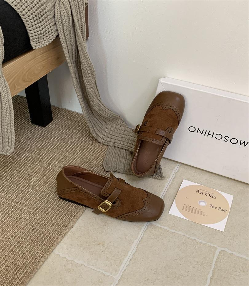 Retro Carved Square Head Shallow Mouth Single Shoes Flat-soled Small Leather Shoes Women's Niche Design French Mary Jane Shoes Autumn Women