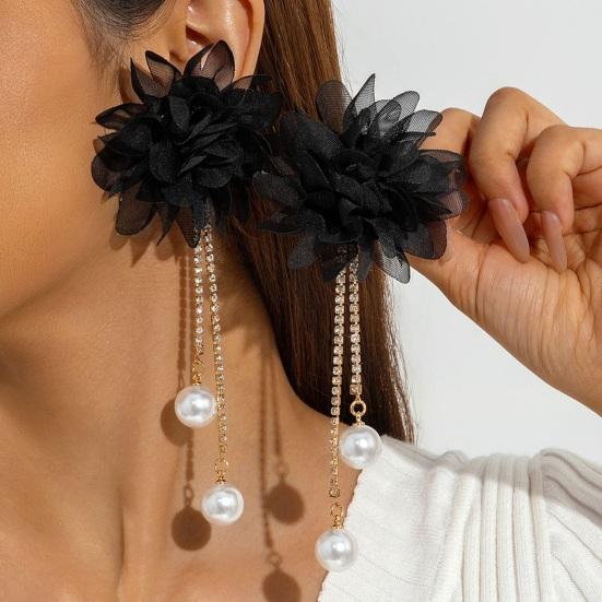 Große Stoffblumen-Ohrringe Boho Faux-Perlen Hänge-Ohrringe Lange Strass-Quasten-Ohrringe für Feiertage Urlaubs-Partys Strand