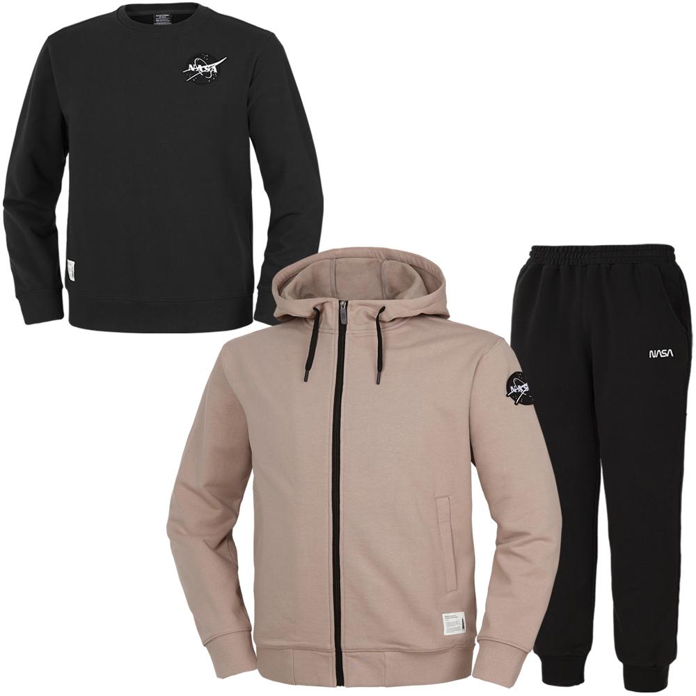 Nasa Unisex Standard Sweat Zip-Up Jacket + Jogger Pants + Sweatshirt 3-Piece Set [Beige + Black] 90