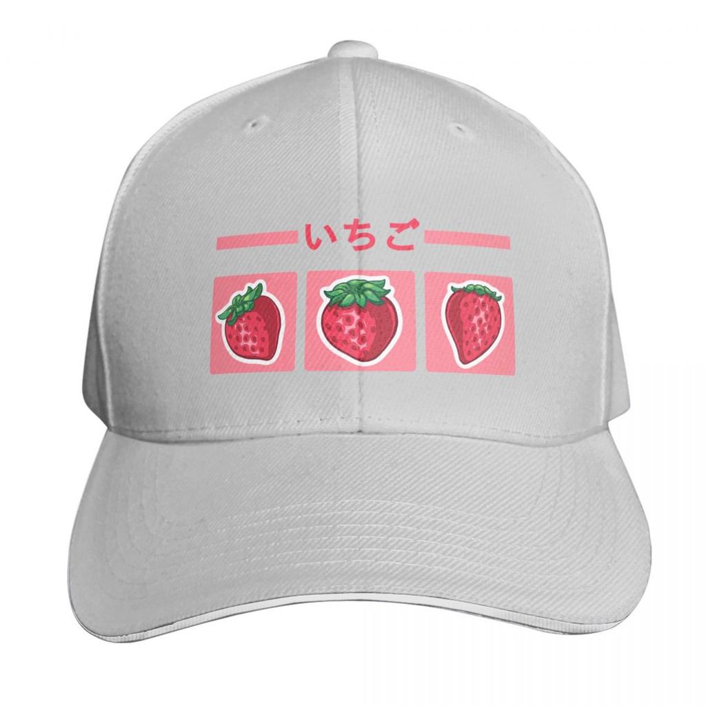 Cute strawberry design on pink background with the strawberry japanese kanji Baseball Cap Ball Cap derby hat Women Unisexs