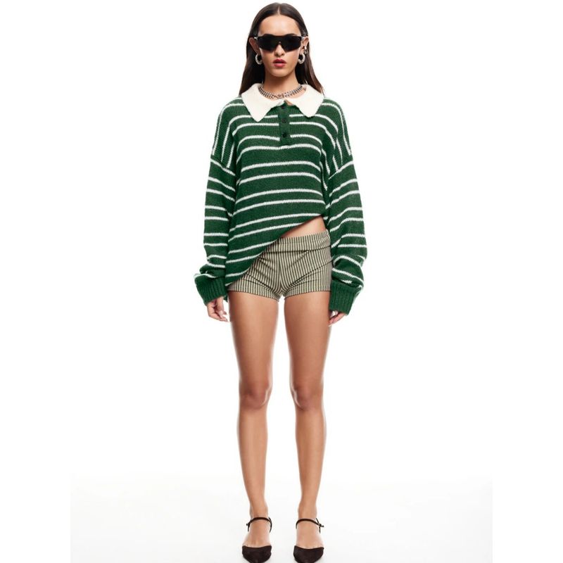 Retro Tone American Style Lazy Feeling Loose Contrast Color Stripe Pullover Versatile Sweater Preppy Knit Top