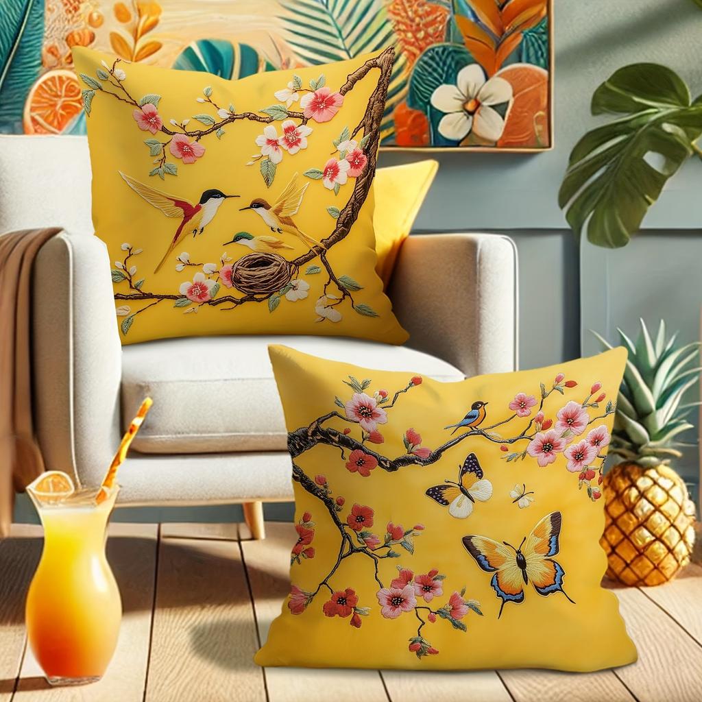 3D exquisite embroidered printed pillow cover, yellow flower, bird and butterfly printed sofa chair cushion cover