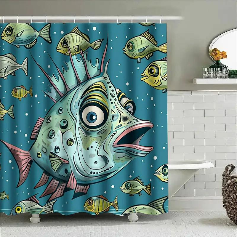 Stylish Blue Underwater World Fish Print Shower Curtain For Bathroom Decor Waterproof Fabric, Easy Install Shower Curtains
