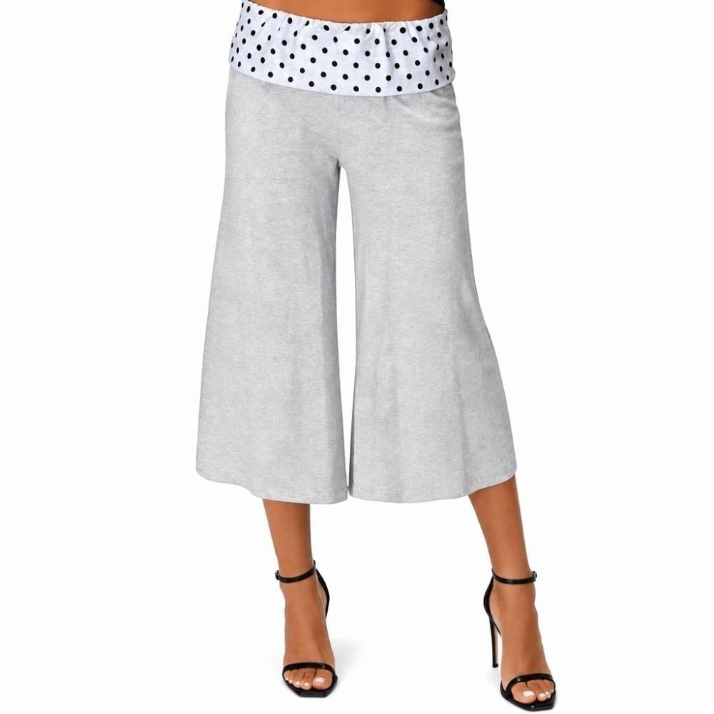 Thin Low Waist Capri Pants Polka Dot Foldover Waist Pants Casual Wide Leg Pants Girls L-Grey Polka Dot