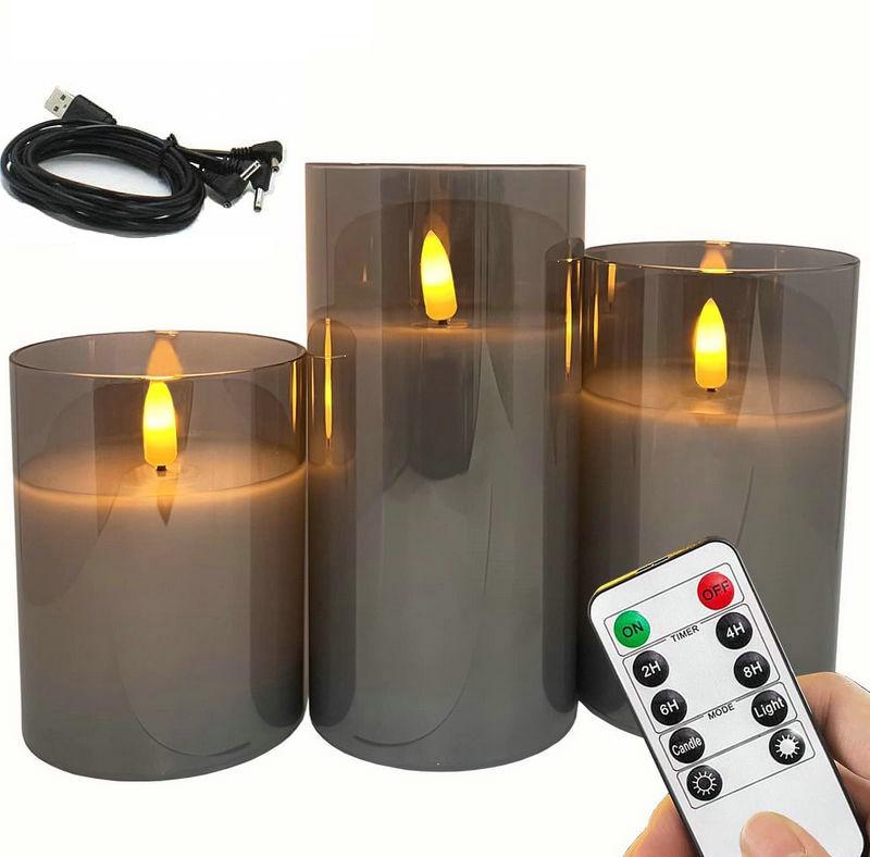 USB Rechargeable Led Pillar Candle Set Flameless Remote Controlled w/Timer LED Flickering 3D Wick Paraffin Wax Table Decorative