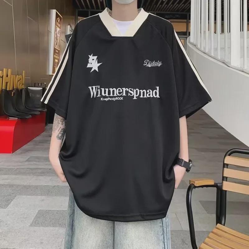 Unisex Retro V-Neck Embroidered Colorblock Half-Sleeve T-Shirt