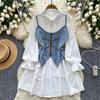 Autumn new feminine gentle niche French waist single-breasted long-sleeved shirt dress + suspender denim vest