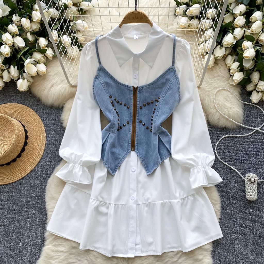Autumn new feminine gentle niche French waist single-breasted long-sleeved shirt dress + suspender denim vest